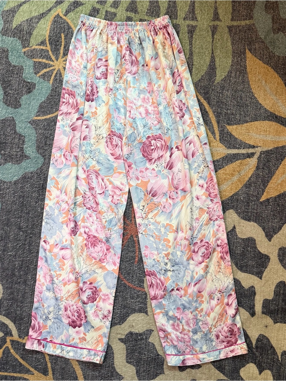 Floral Satin Pajama Pants - Pink & Blue
